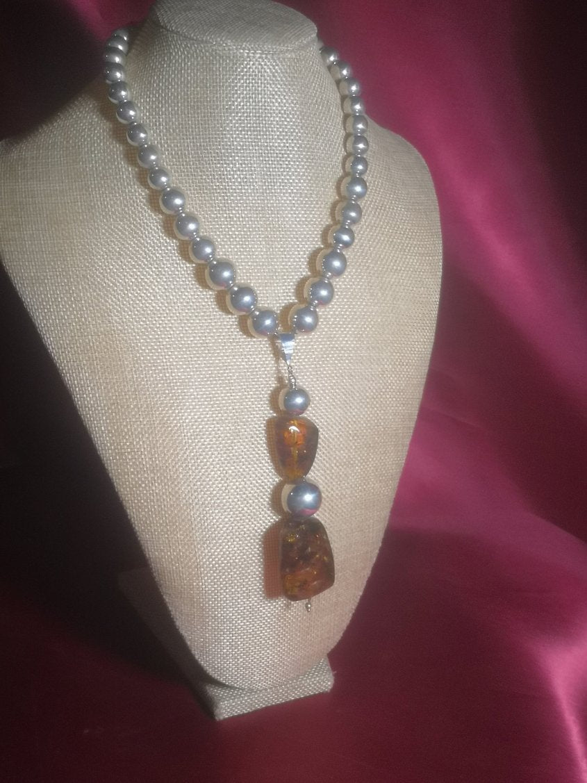 Esferas de plata .925 con dije de ámbar de Chiapas - Collar